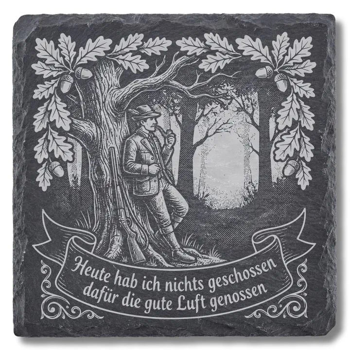 Schwarzer Schiefer Moment Untersetzer mit Gravur in der Draufsicht