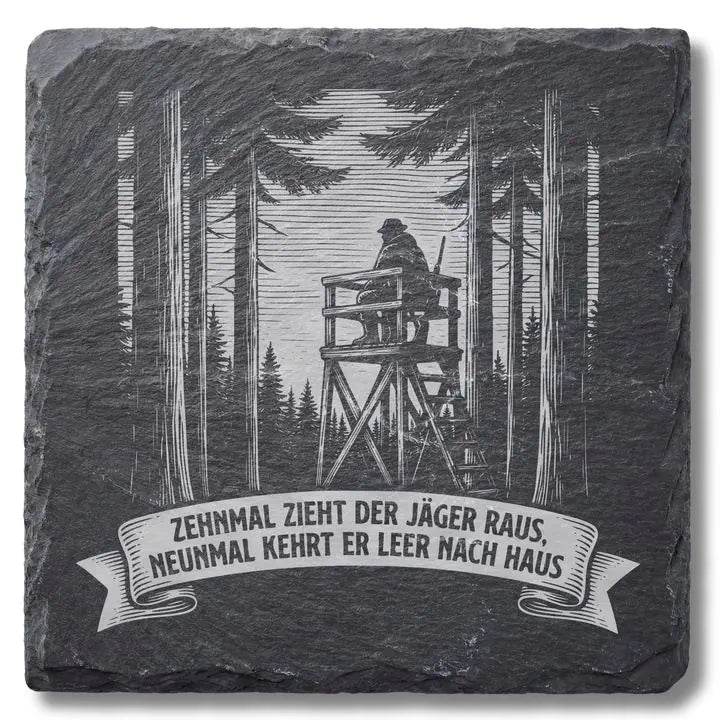 Schiefer Moment Untersetzer mit Jäger-Hochsitz-Gravur auf weißem Hintergrund, Frontalansicht