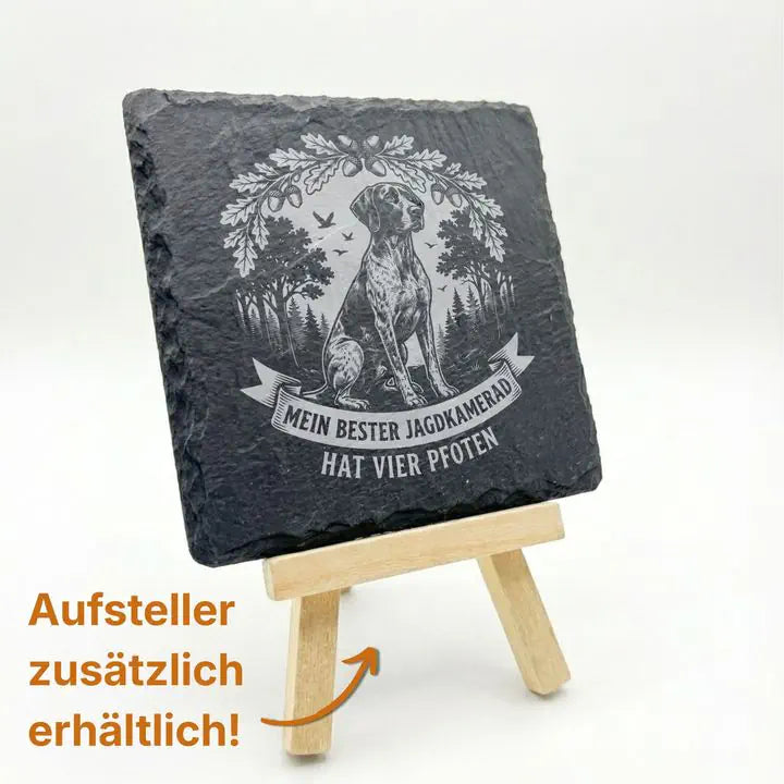 Schiefer Moment Untersetzer mit Deutsch Kurzhaar-Gravur auf Holz-Staffelei, Aufsteller optional