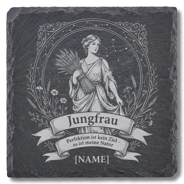 Schiefer Moment Untersetzer mit Jungfrau-Sternzeichen Gravur im Vintage-Stil auf weissem Hintergrund