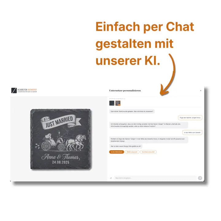 Schiefer Moment Untersetzer per KI-Chat personalisieren mit individuellem Hochzeitsdesign