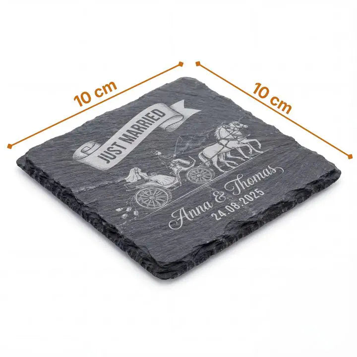 Schiefer Moment Untersetzer 10 x 10 cm mit Just Married Gravur und Massangaben