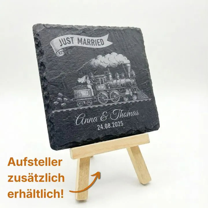 Schiefer Untersetzer mit Brautpaar-Lokomotive auf Holzstaffelei mit optionalem Aufsteller
