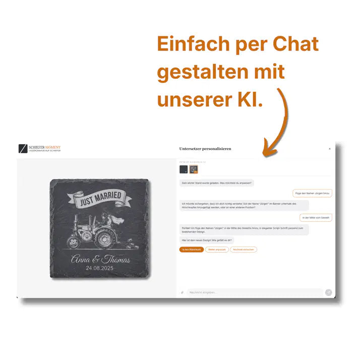 Schiefer Moment Untersetzer per KI-Chat personalisieren mit Vintage-Traktor-Hochzeitsmotiv