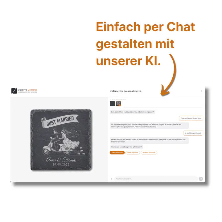 Schiefer Moment Untersetzer per KI-Chat personalisieren mit Just Married Brautpaar-Design