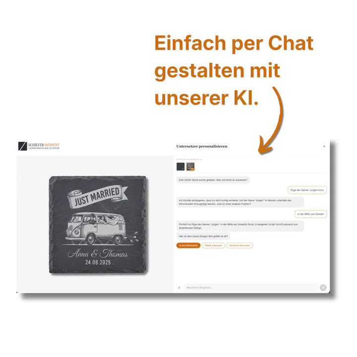 Schiefer Moment Untersetzer mit personalisierbarem Just Married Design per KI-Chat individualisierbar