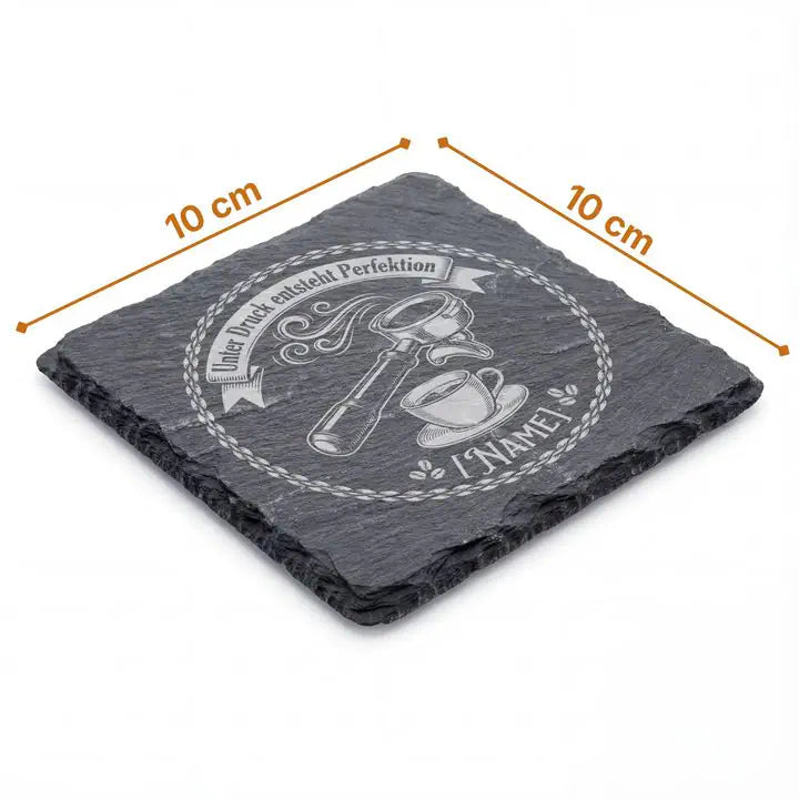 Schiefer Moment Untersetzer 10x10 cm mit Siebtraeger-Vintage-Gravur und Massliniendarstellung