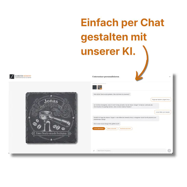 Schiefer Moment Untersetzer per KI-Chat personalisieren mit individuellem Kaffee-Design