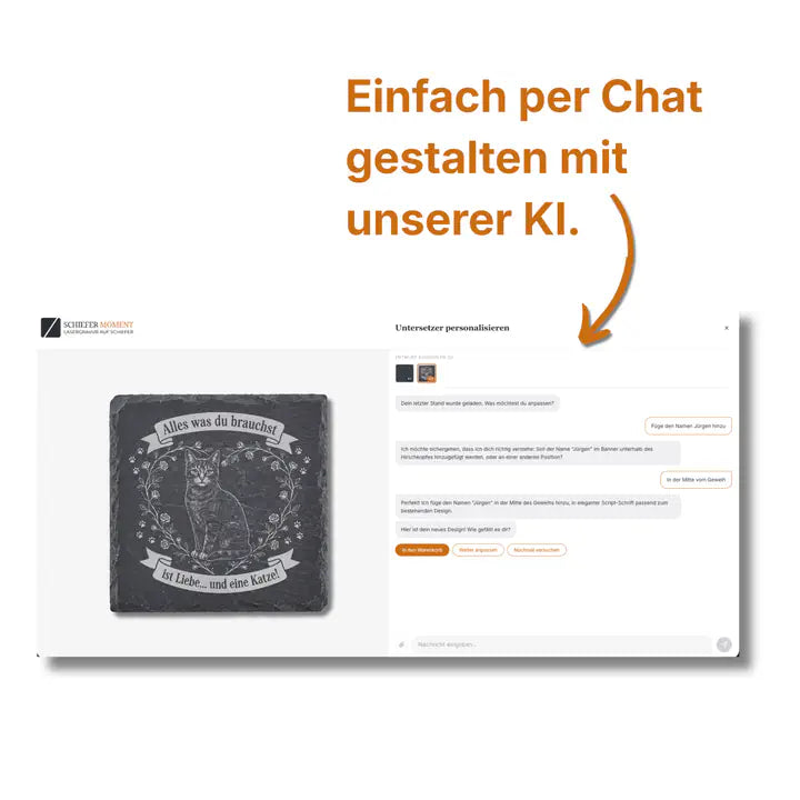 Schiefer Moment KI-Chat zur Personalisierung des Untersetzer-Designs mit Katzenmotiv
