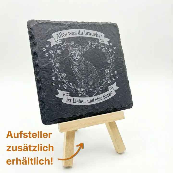 Schiefer Moment Untersetzer mit Katzenmotiv auf Holzstaffelei mit Hinweis zum Aufsteller