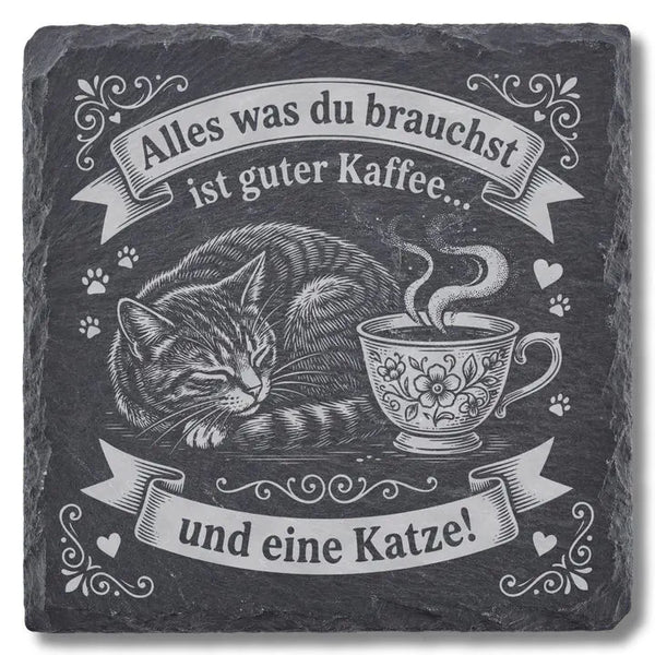 Schiefer Moment Untersetzer mit Katze-und-Kaffee-Gravur auf weissem Hintergrund freigestellt