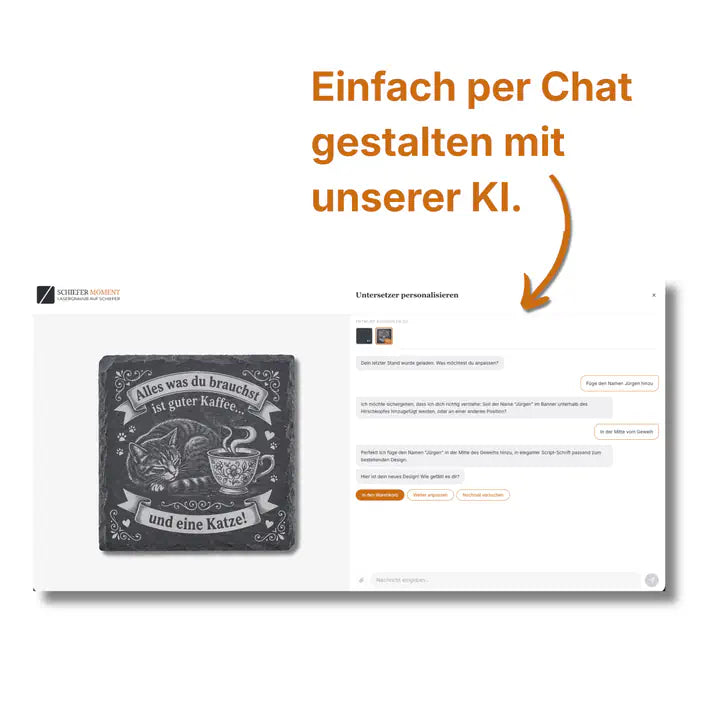 Schiefer Moment Untersetzer mit Katzen-Kaffee-Design per KI-Chat individuell personalisieren