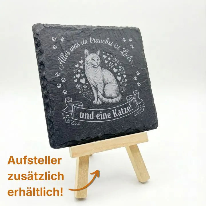 Schiefer Moment Untersetzer mit Katze und Liebesspruch auf Holzstaffelei mit optionalem Aufsteller