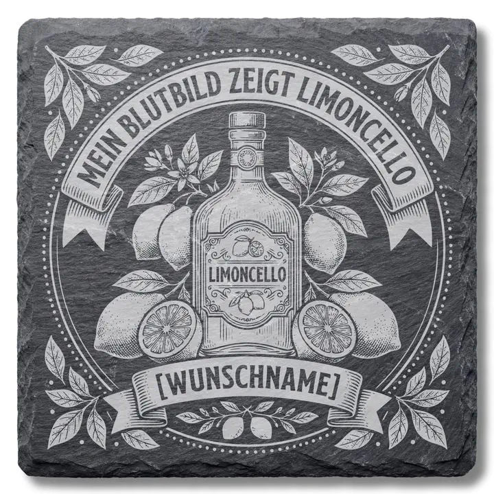 Schiefer Moment Untersetzer mit Limoncello-Flasche und Zitronen Gravur auf weissem Hintergrund freigestellt