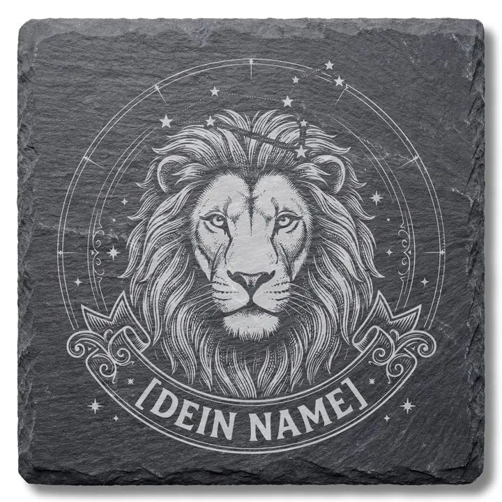 Schiefer Moment Untersetzer mit heraldischer Loewen-Gravur und Sternzeichen-Konstellation auf weissem Hintergrund