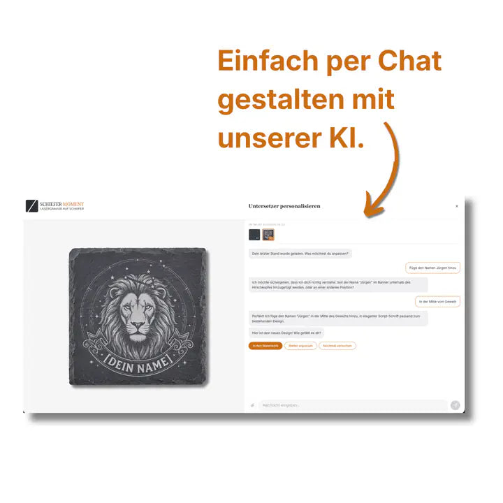 Schiefer Moment Untersetzer mit Loewen-Design per KI-Chat individuell personalisieren