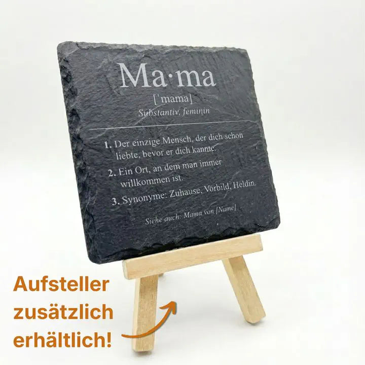 Schiefer Untersetzer Mama-Definition Typografie auf Holz-Staffelei mit optionalem Aufsteller