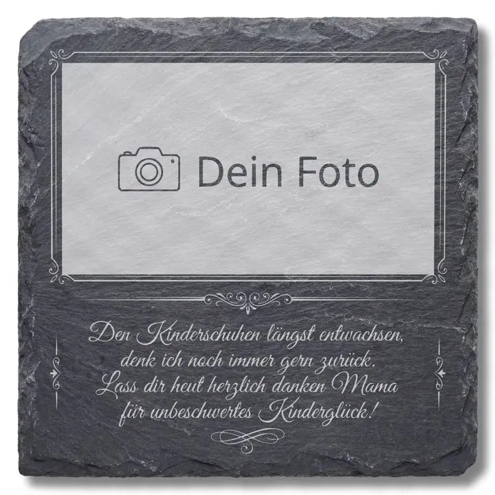 Schiefer Moment Untersetzer mit Mama-Gedicht und Fotorahmen-Gravur in frontaler Studioansicht