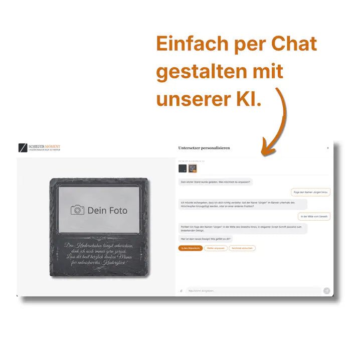 Schiefer Moment Untersetzer per KI-Chat personalisieren mit eigenem Foto und Mama-Gedicht