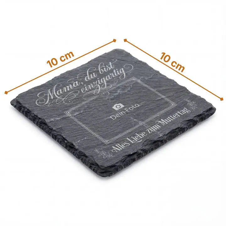 Schiefer Moment Untersetzer 10x10 cm mit eleganter Muttertag-Gravur und Massangaben