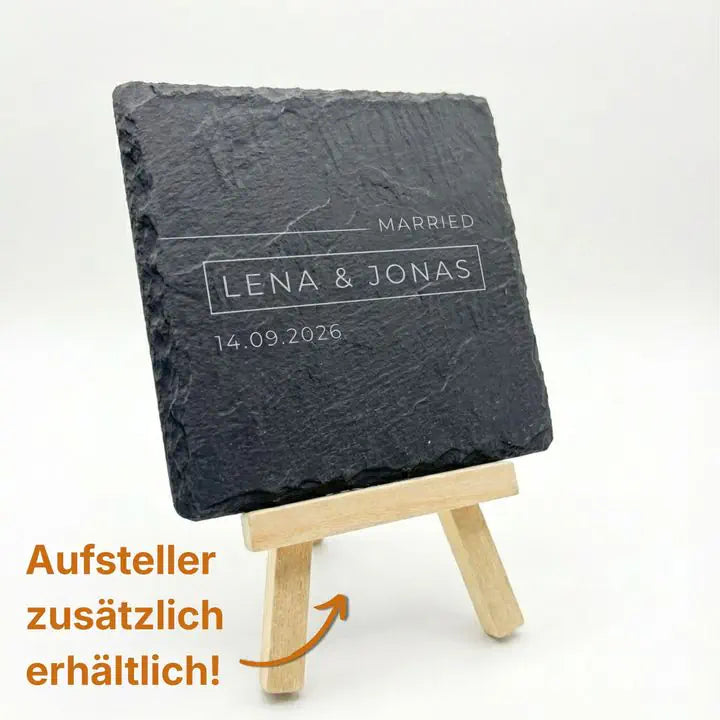 Schiefer Moment Untersetzer Married-Design auf Holzstaffelei mit optionalem Aufsteller