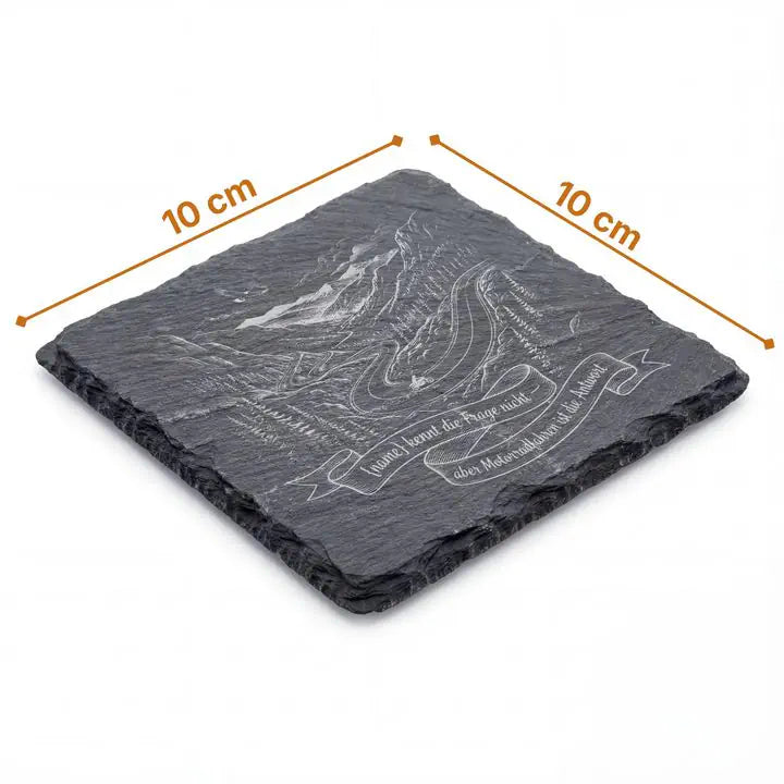 Schieferuntersetzer 10x10 cm mit Bergstrassen-Motorrad-Gravur und Massangaben