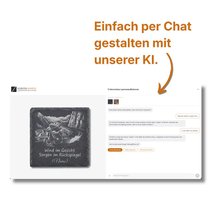 Schiefer Moment Untersetzer per KI-Chat personalisieren mit Motorrad-Gravur Vorschau