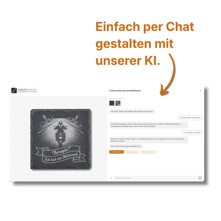 Schiefer Moment Untersetzer per KI-Chat personalisieren mit individuellem Motorrad-Design