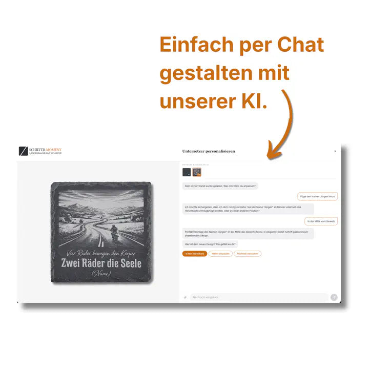 Schiefer Moment Untersetzer per KI-Chat personalisieren mit Motorrad-Motiv Vorschau
