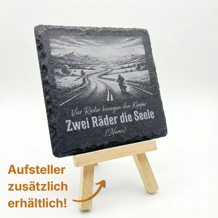 Schiefer Moment Untersetzer mit Biker-Freiheitsmotiv auf Holzstaffelei mit optionalem Aufsteller