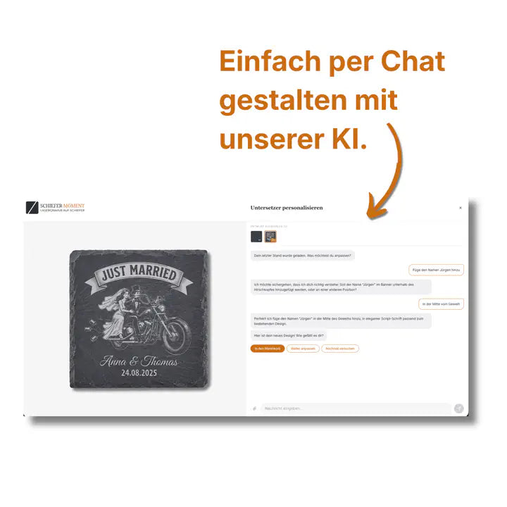 Schiefer Moment Untersetzer mit Motorrad-Hochzeitsmotiv per KI-Chat personalisieren