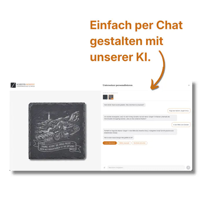 Schiefer Moment Untersetzer mit Motorrad-Gravur per KI-Chat individuell personalisieren