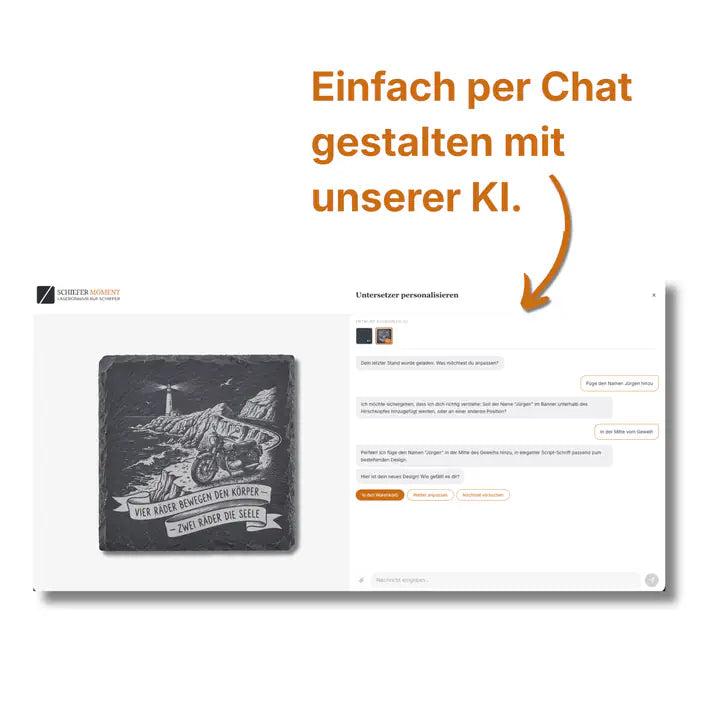 Schieferuntersetzer per KI-Chat personalisieren mit individuellem Motorrad-Design