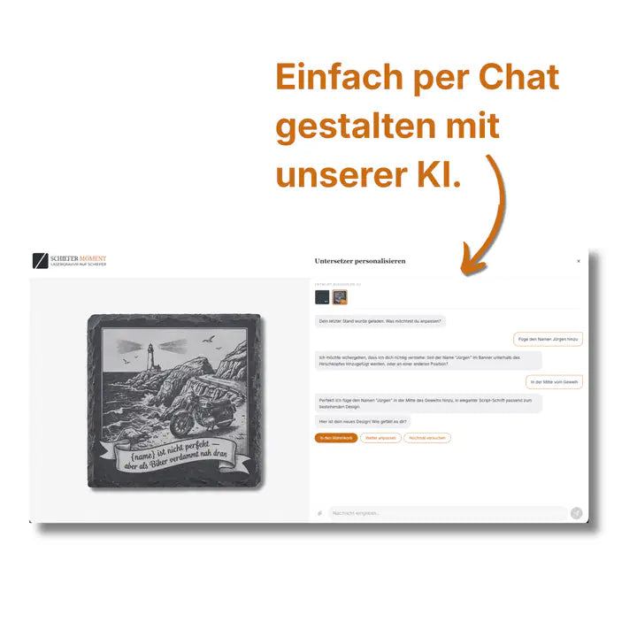 Schiefer Moment Untersetzer per KI-Chat personalisieren mit individuellem Biker-Spruch