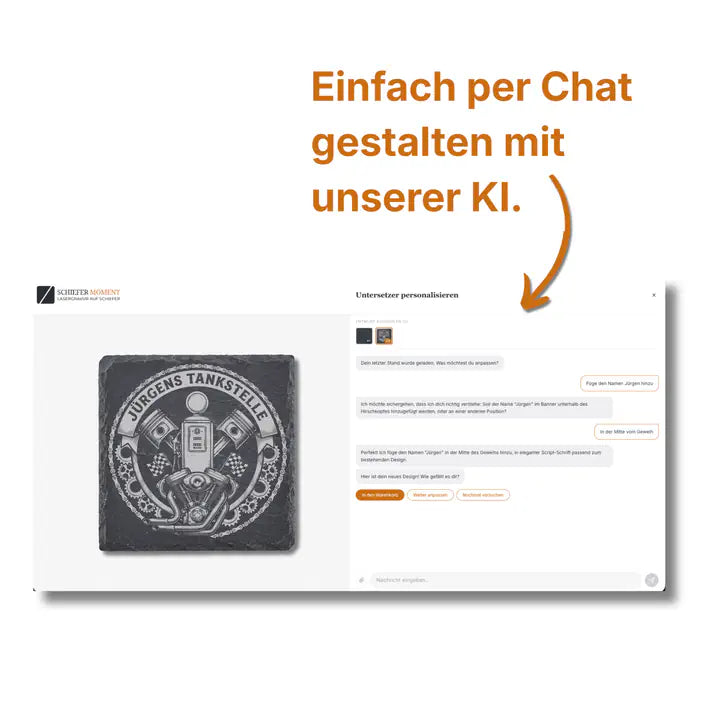 Schiefer Moment Untersetzer per KI-Chat personalisieren mit Vintage Biker-Gravur