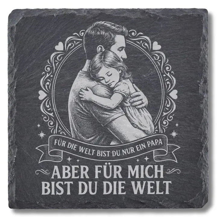 Schiefer Moment Untersetzer mit Vater-Tochter-Gravur und Spruch auf schwarzem Schiefer freigestellt