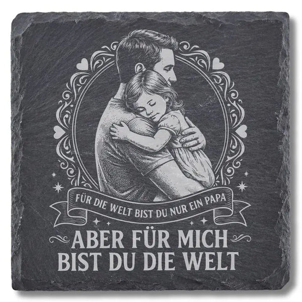 Schiefer Moment Untersetzer mit Vater-Tochter-Gravur und Spruch auf schwarzem Schiefer freigestellt