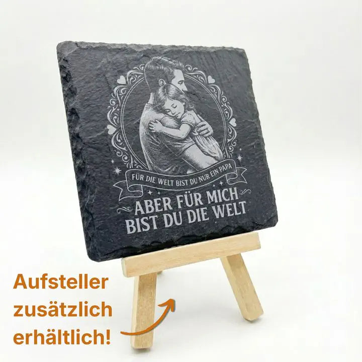 Schiefer Moment Untersetzer mit Papa-Spruch-Gravur auf Holzstaffelei mit optionalem Aufsteller