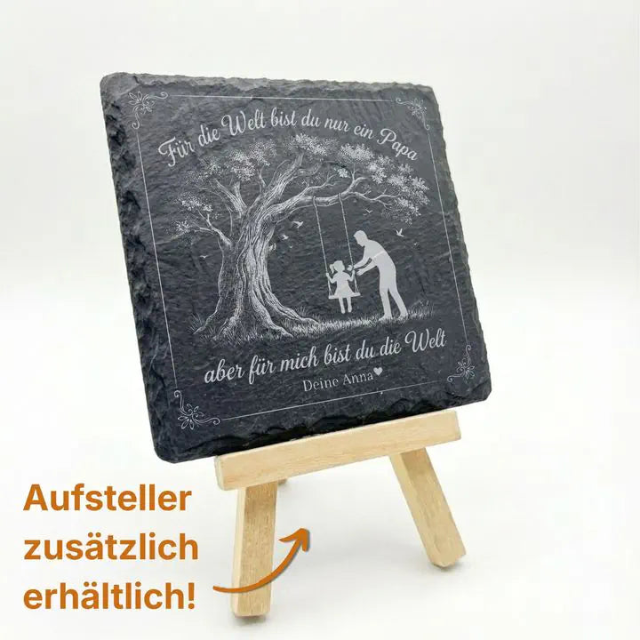 Schieferuntersetzer mit Vater-Tochter-Silhouette auf Holzstaffelei mit optionalem Aufsteller