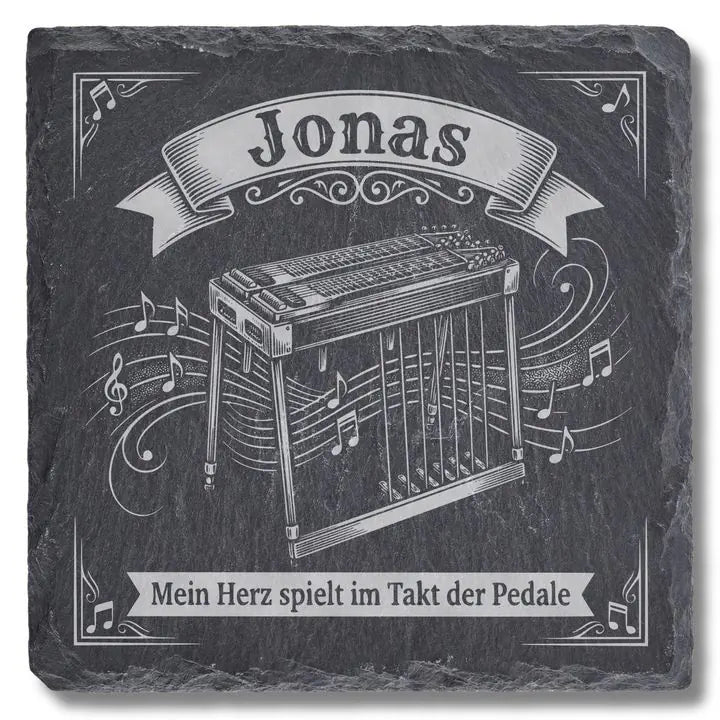 Schiefer Moment Untersetzer mit Pedal Steel Guitar Gravur im Vintage-Stil auf weissem Hintergrund