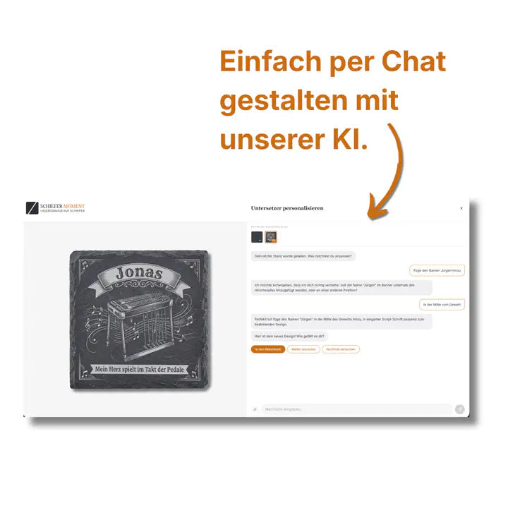 Schiefer Moment Untersetzer per KI-Chat personalisieren mit eigenem Namen und Musikdesign