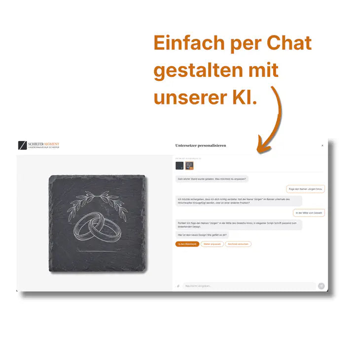 Schiefer Moment Untersetzer per KI-Chat personalisieren mit individuellem Hochzeits-Design