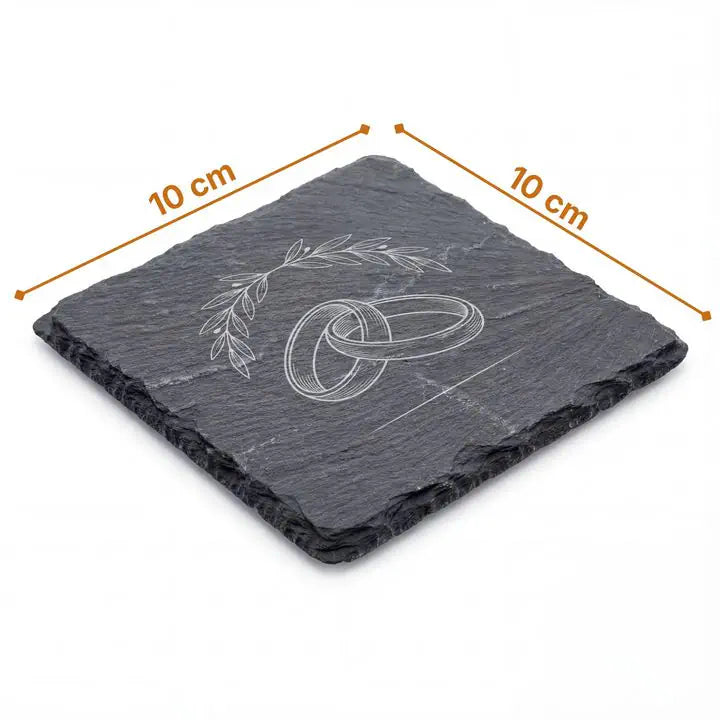Schiefer Moment Untersetzer 10 x 10 cm mit Eheringen-Gravur und Massliniendarstellung