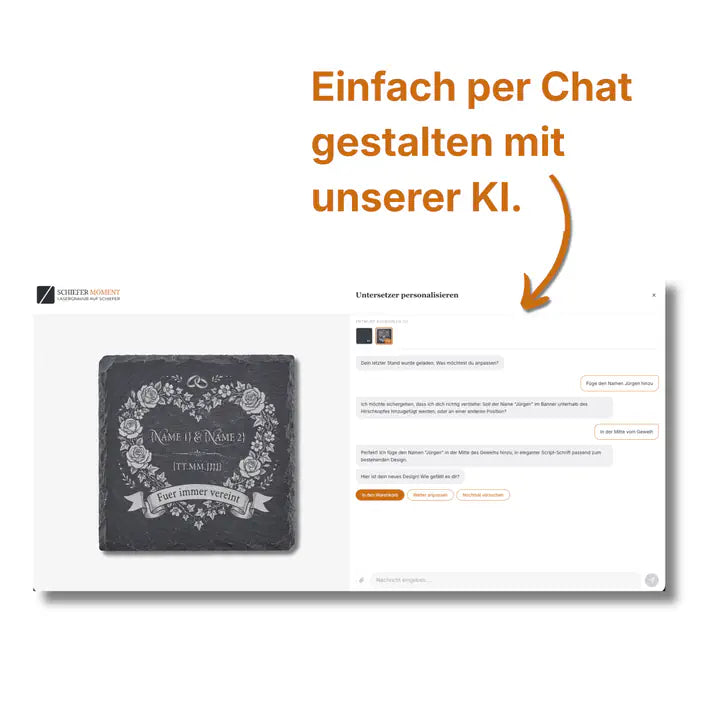 Schiefer Moment Untersetzer mit Gravur in gemütlicher Chat-Szene