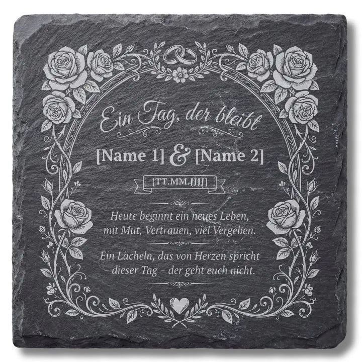 Schiefer Moment Untersetzer mit romantischer Rosen-Gravur und Hochzeitsgedicht auf weißem Hintergrund
