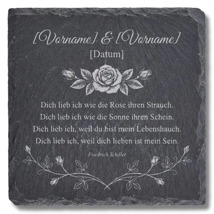 Schiefer Moment Untersetzer mit Rosen-Gravur und Schiller-Gedicht auf weißem Hintergrund freigestellt