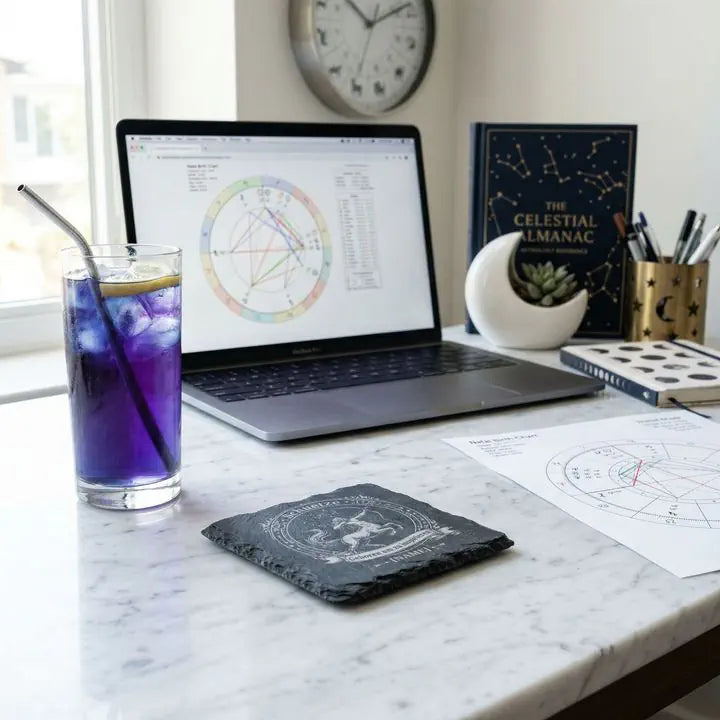 Gravierter Schieferuntersetzer Schuetze-Motiv neben Astrologie-Laptop auf Marmor-Schreibtisch