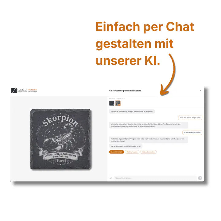 Schiefer Moment Untersetzer per KI-Chat personalisieren mit Skorpion-Design