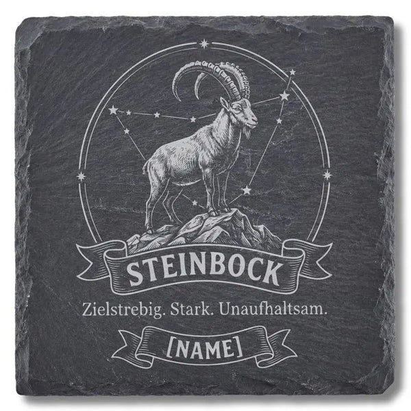 Schiefer Moment Untersetzer mit Steinbock-Sternzeichen Gravur auf weissem Hintergrund freigestellt