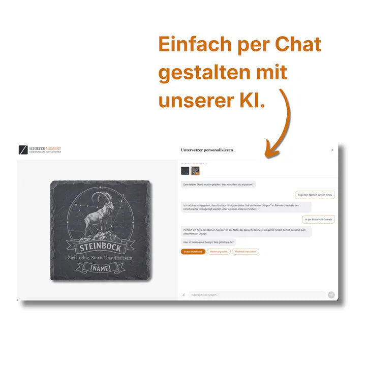 Schiefer Moment Untersetzer per KI-Chat personalisieren mit individuellem Steinbock-Design